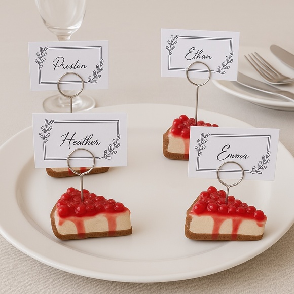 Cherry Cheesecake Place Card Holders –Set of 4 Handmade Clay Dessert Table Decor - Picture 1 of 16